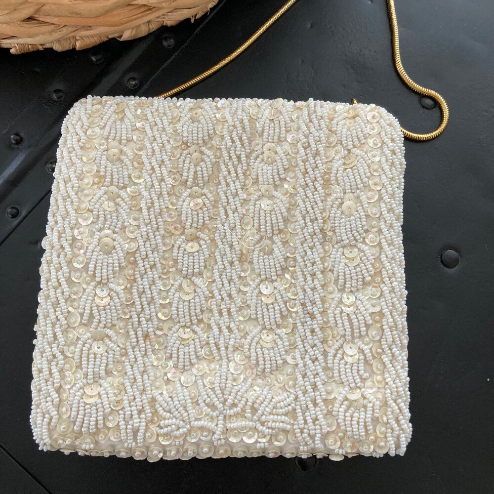 Antique Off White Square Beaded Evening Cocktail Handbag Gold Chain - Picture 2 of 7